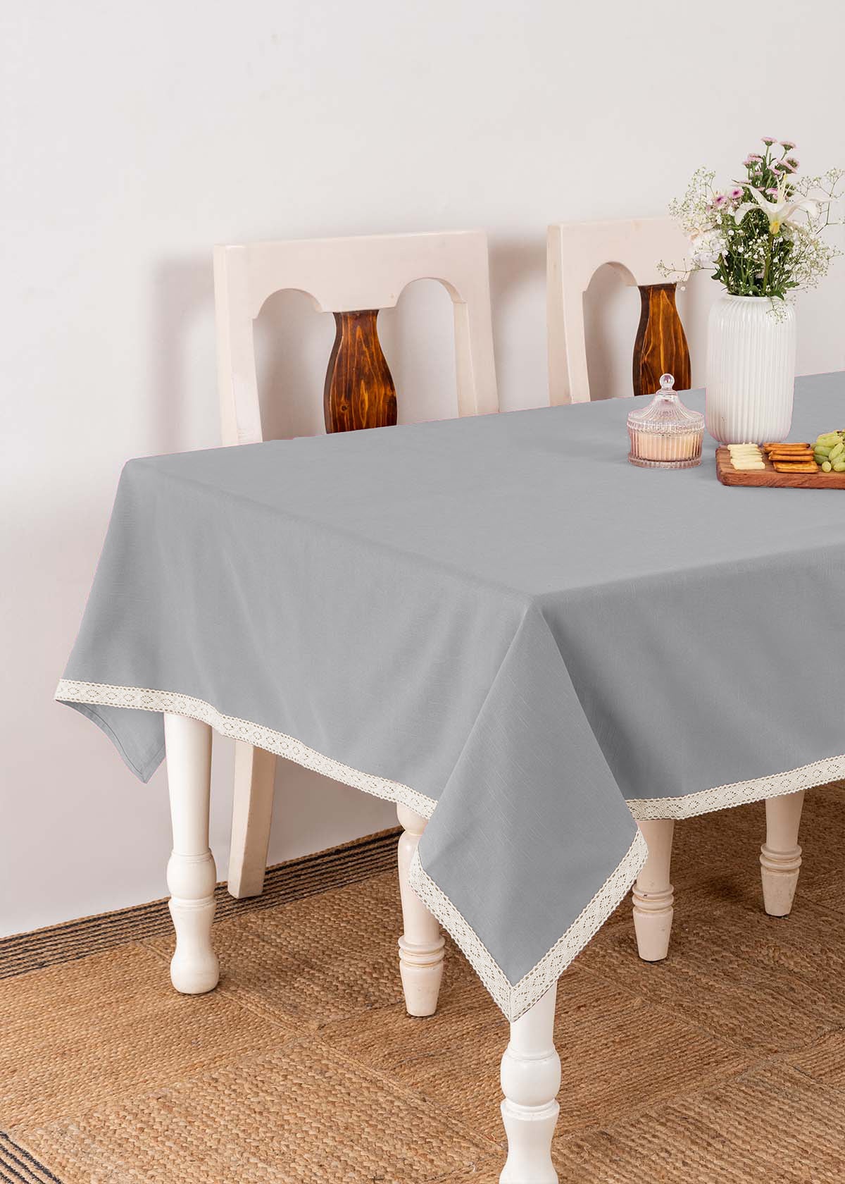 Solid Grey 100% cotton plain table cloth for 4 seater or 6 seater dining with lace border