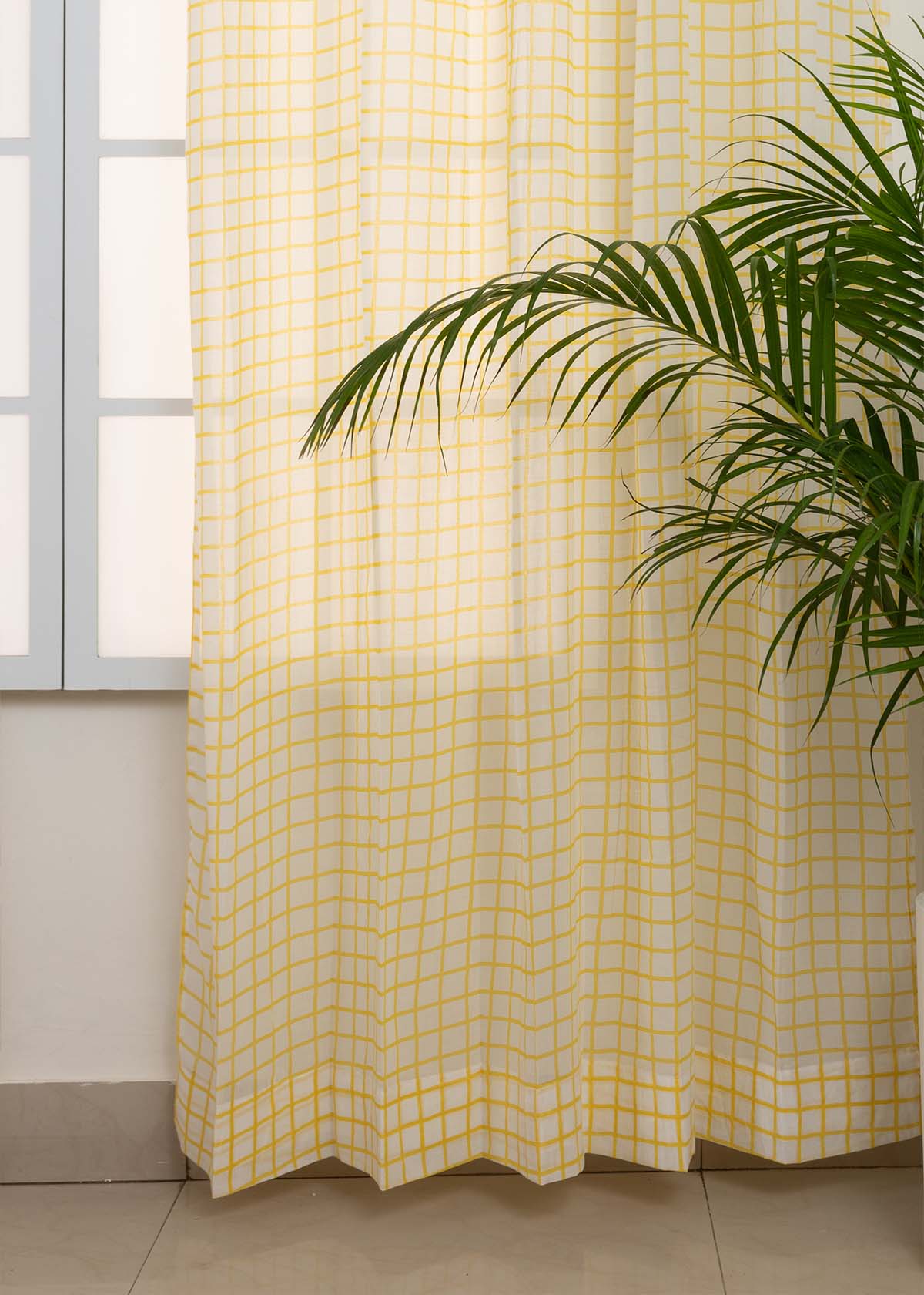Uneven Checks Geometric 100% Customizable Cotton Sheer curtain for Living room & bedroom - Light filtering - Yellow