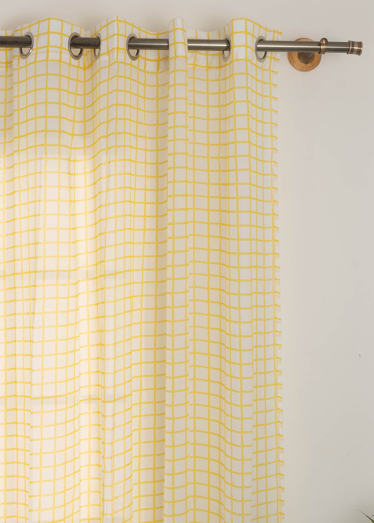 Uneven Checks Geometric 100% Cotton Sheer curtain for Living room & bedroom - Light filtering - Yellow - Pack of 1