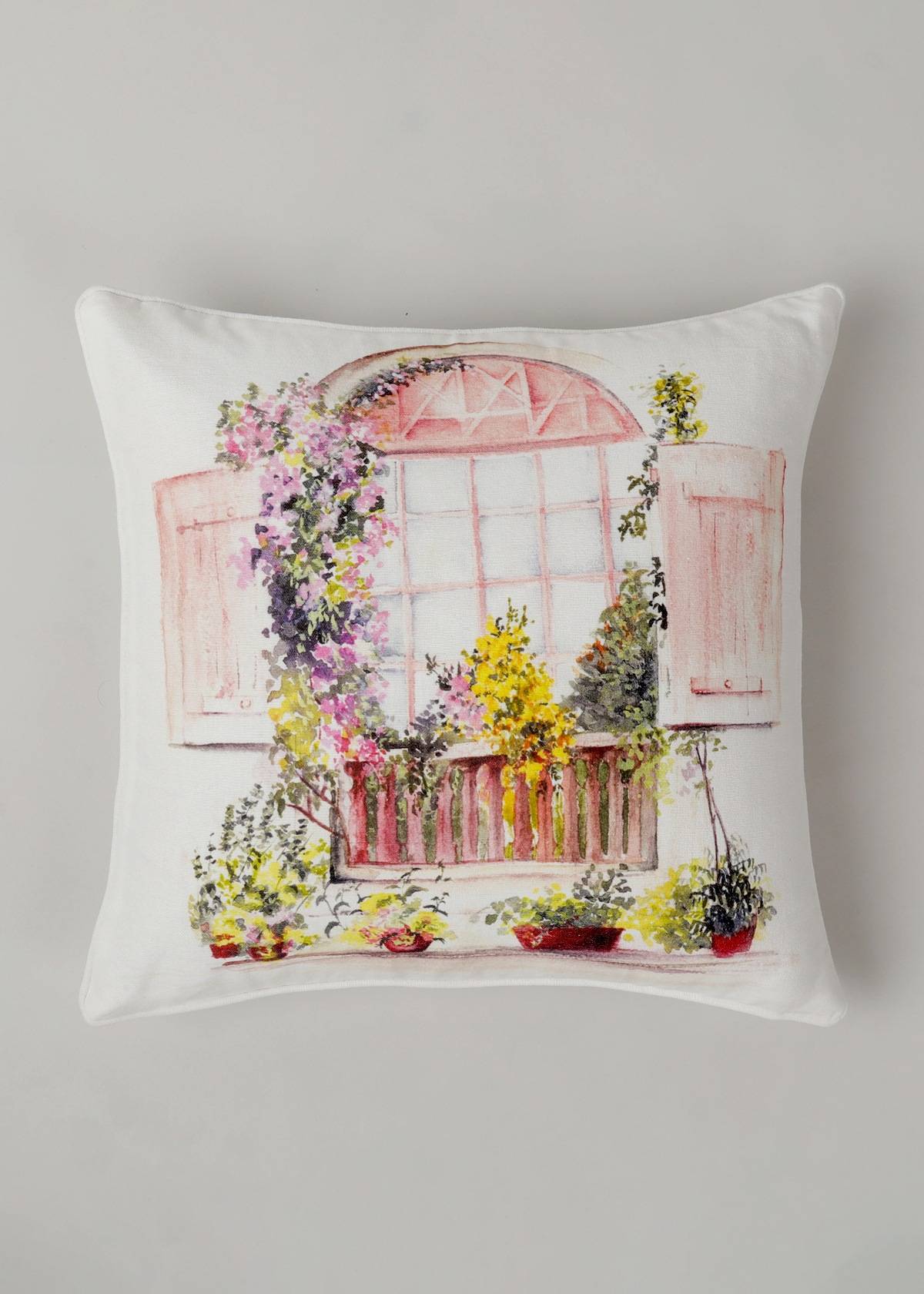 Vintage Window Printed Cotton Cushion Cover - Multicolor