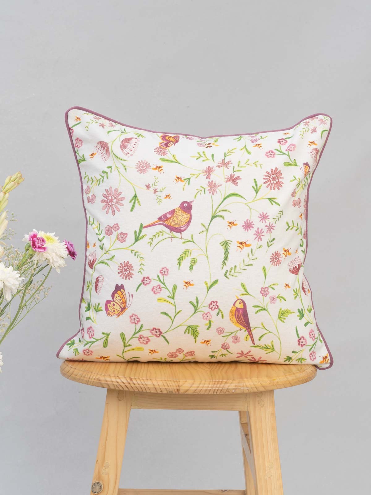 Whimsical Garden Printed Cotton Cushion Cover - Multicolor
