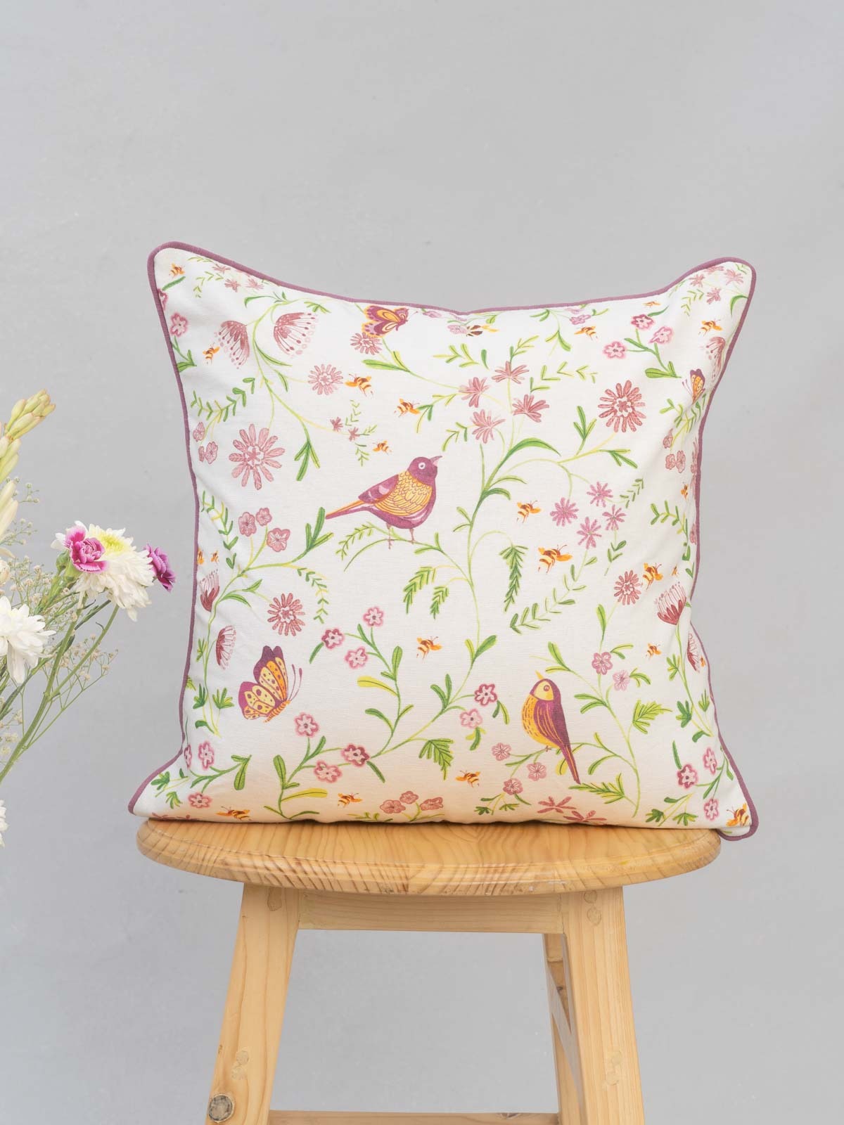 Whimsical Garden 100% cotton floral cushion cover for sofa - Multicolor