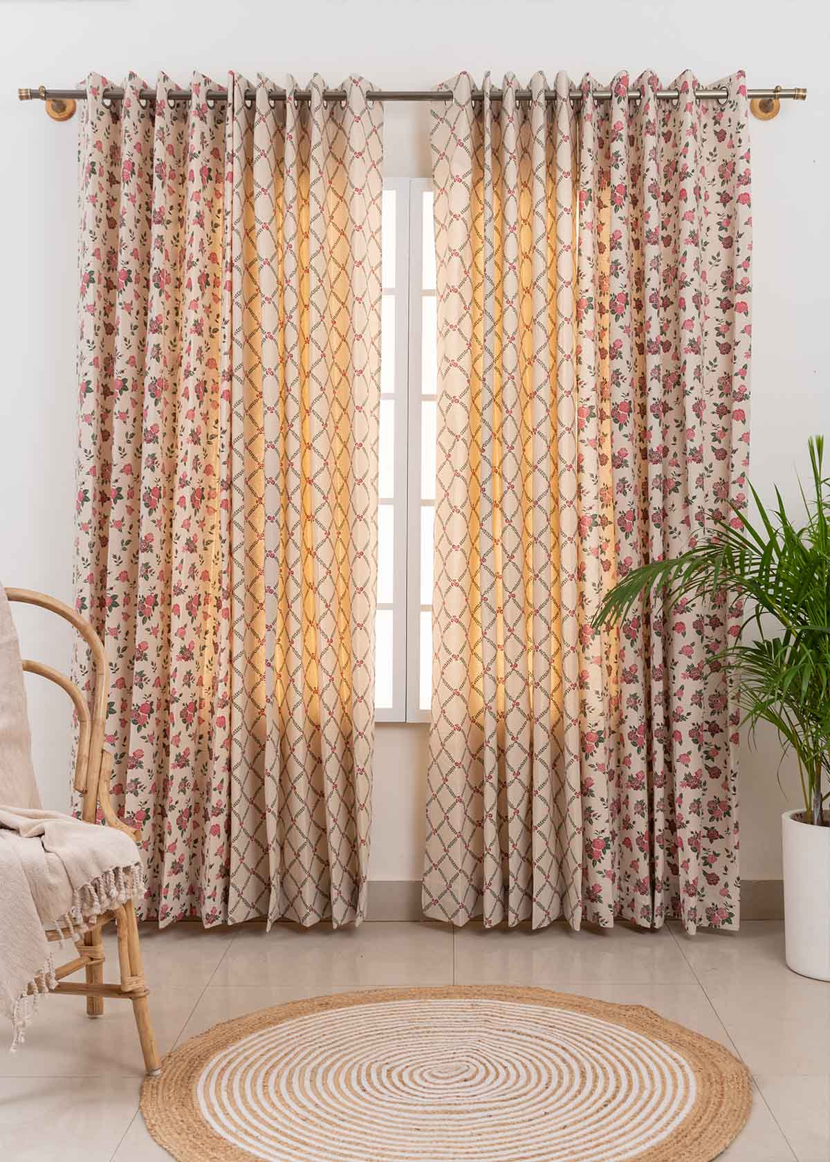 Wild Roses, Climbing Roses Set Of 4 Combo Cotton Curtain - Wine Red