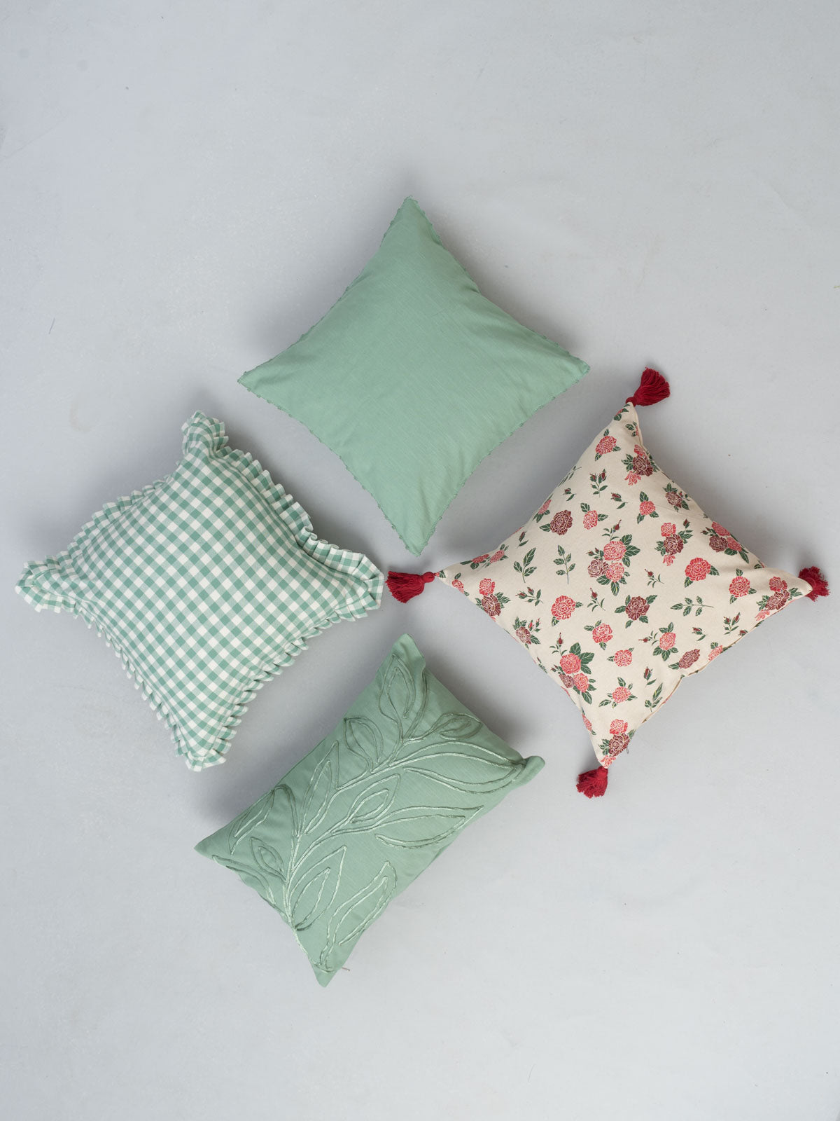Leafy Affair Green 12" X 20", Gingham 16", Solid Sage 16" , Wild Roses 16" Set Of 4 Combo Cotton Cushion Cover - Green And Red
