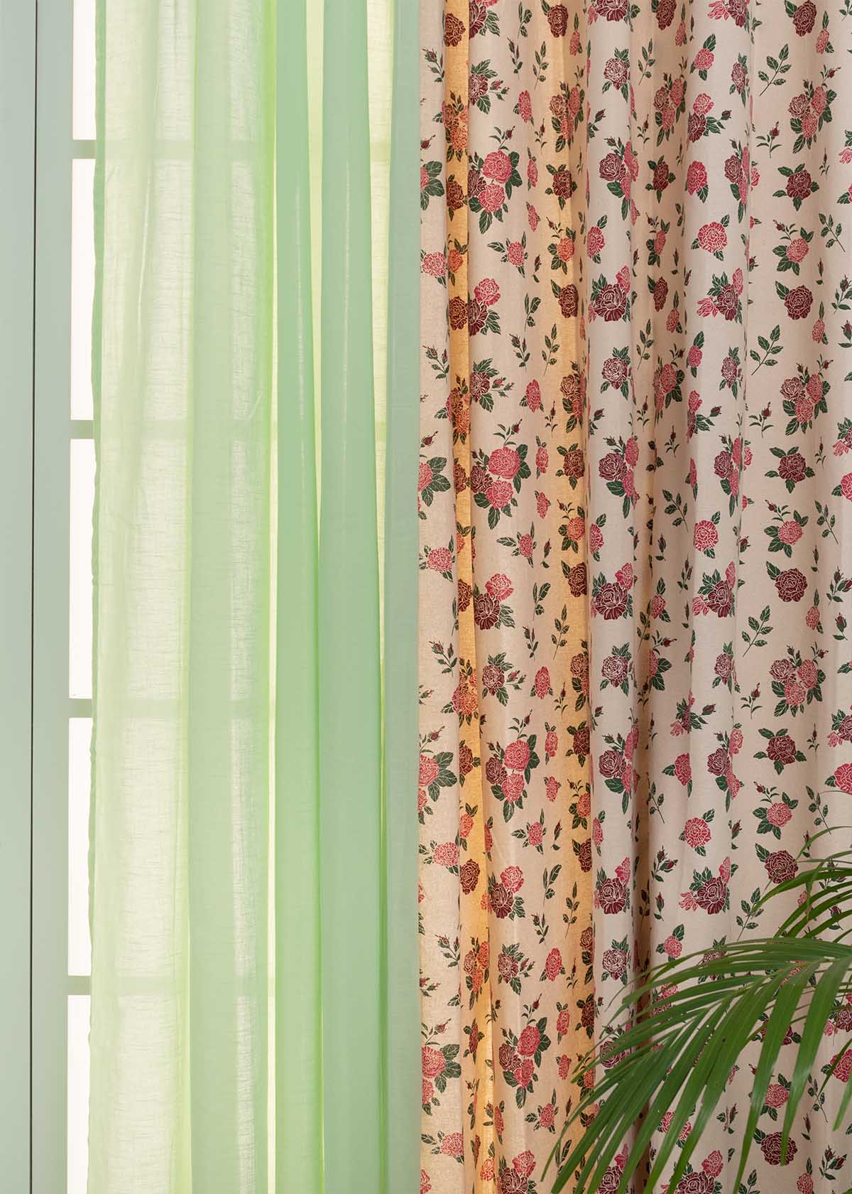 Wild Roses, Light Sage Green Sheer Set Of 4 Combo Cotton Curtain - Red And Green