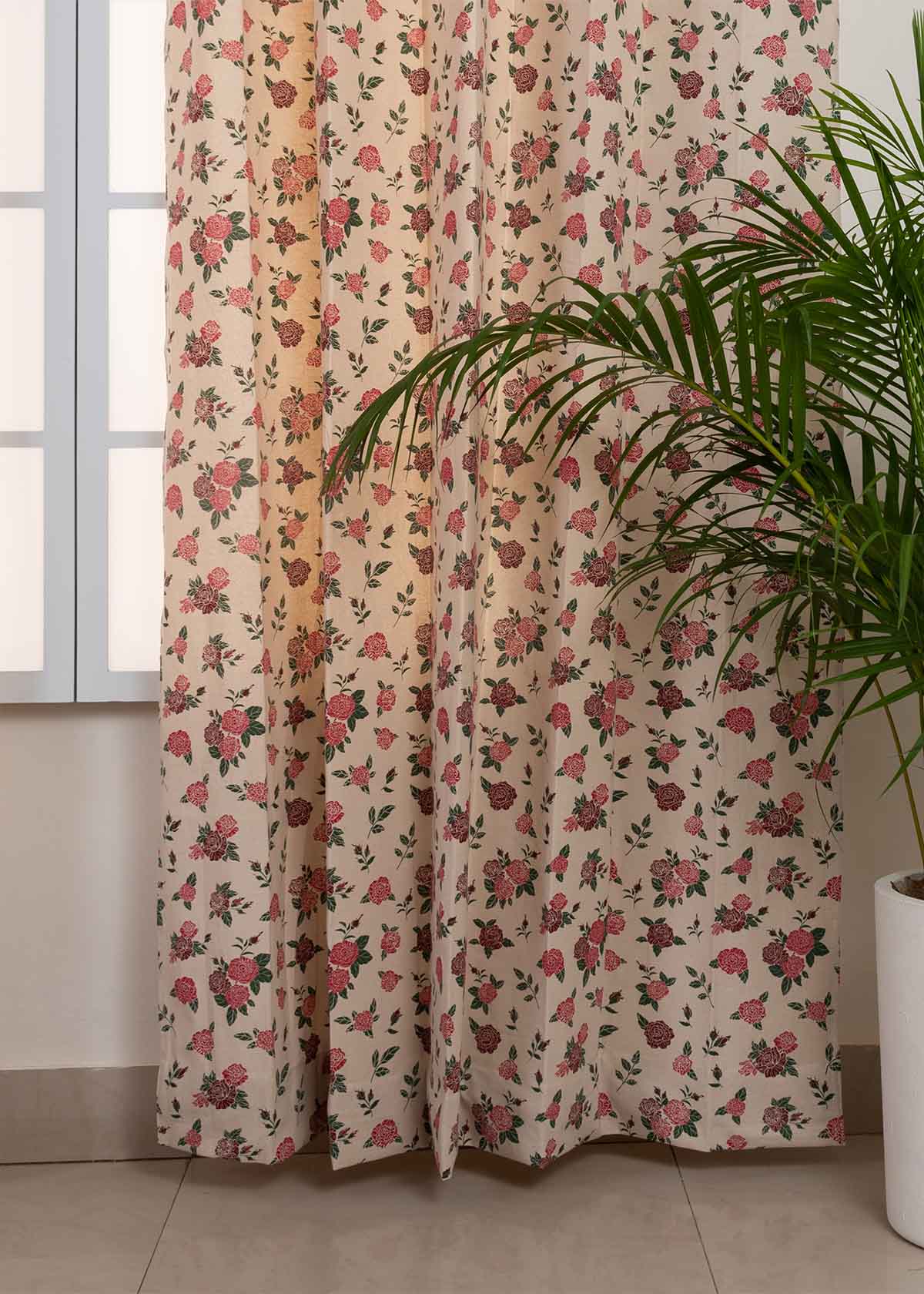 Wild Roses Printed Cotton Curtain - Rose