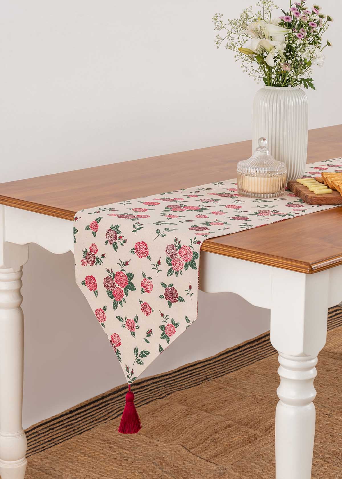 Wild roses 100% cotton customisable floral table Runner for dining - Red