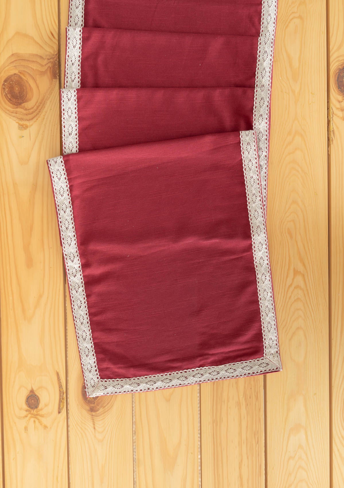 Solid wine red 100% cotton plain table runner for 4 seater or 6 seater dining with lace boarder - Wine red