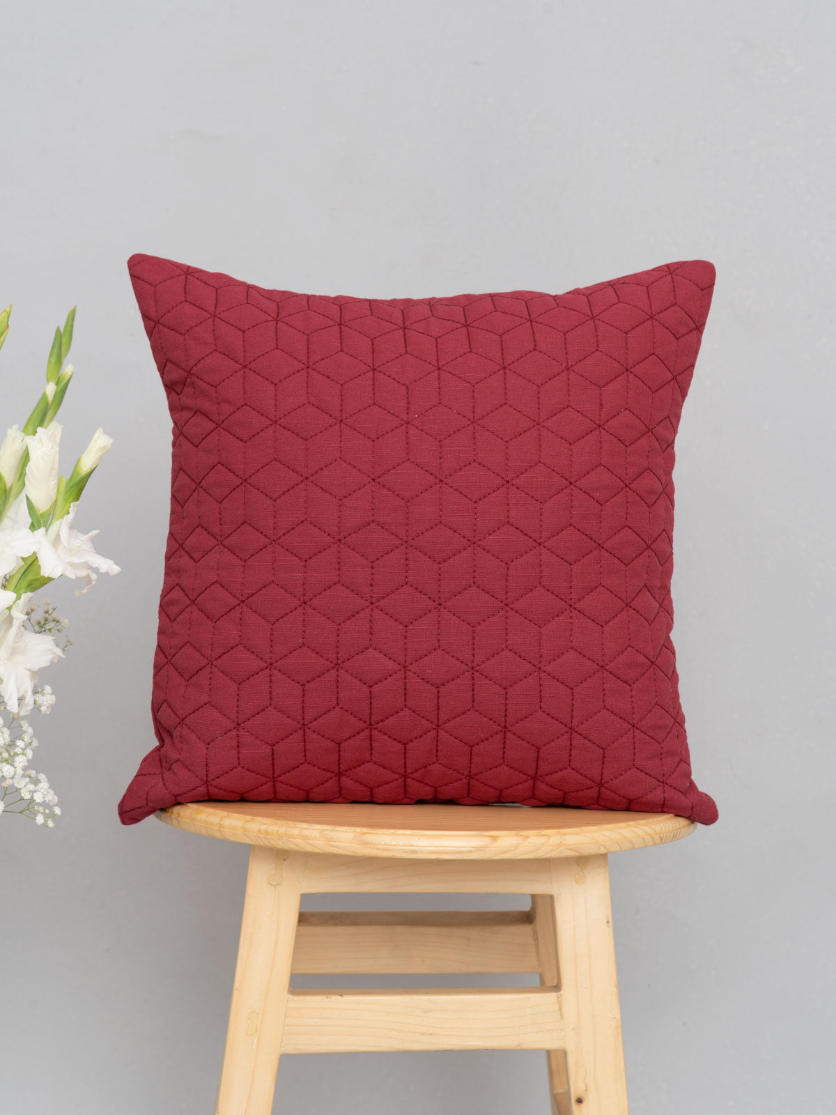 Wild Roses, Climbing Roses , Wine Red Quilted , Gingham Sage Green Set Of 4 Combo Cotton Cushion Cover - Wine Red And Sage Green