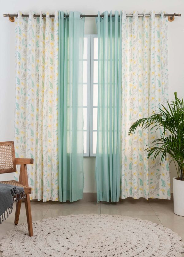 Winged Skies, Nile Blue Sheer Cotton Set Of 4 Combo Cotton Curtain - Yellow And Nile Blue