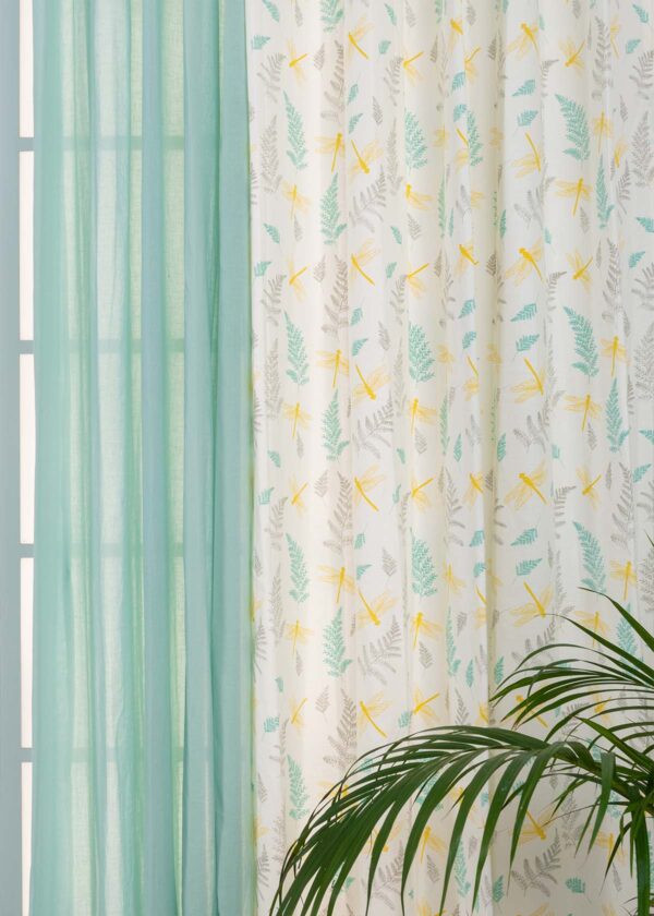 Winged Skies, Nile Blue Sheer Cotton Set Of 4 Combo Cotton Curtain - Yellow And Nile Blue