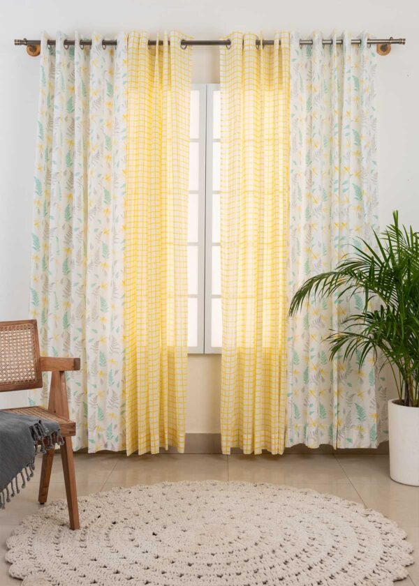 Winged Skies Yellow, Uneven Checks Yellow Sheer Set Of 4 Combo Cotton Curtain - Yellow Grey