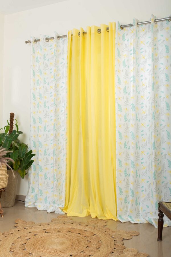Winged Skies, Pale Banana Sheer Cotton Set Of 4 Combo Cotton Curtain - Yellow