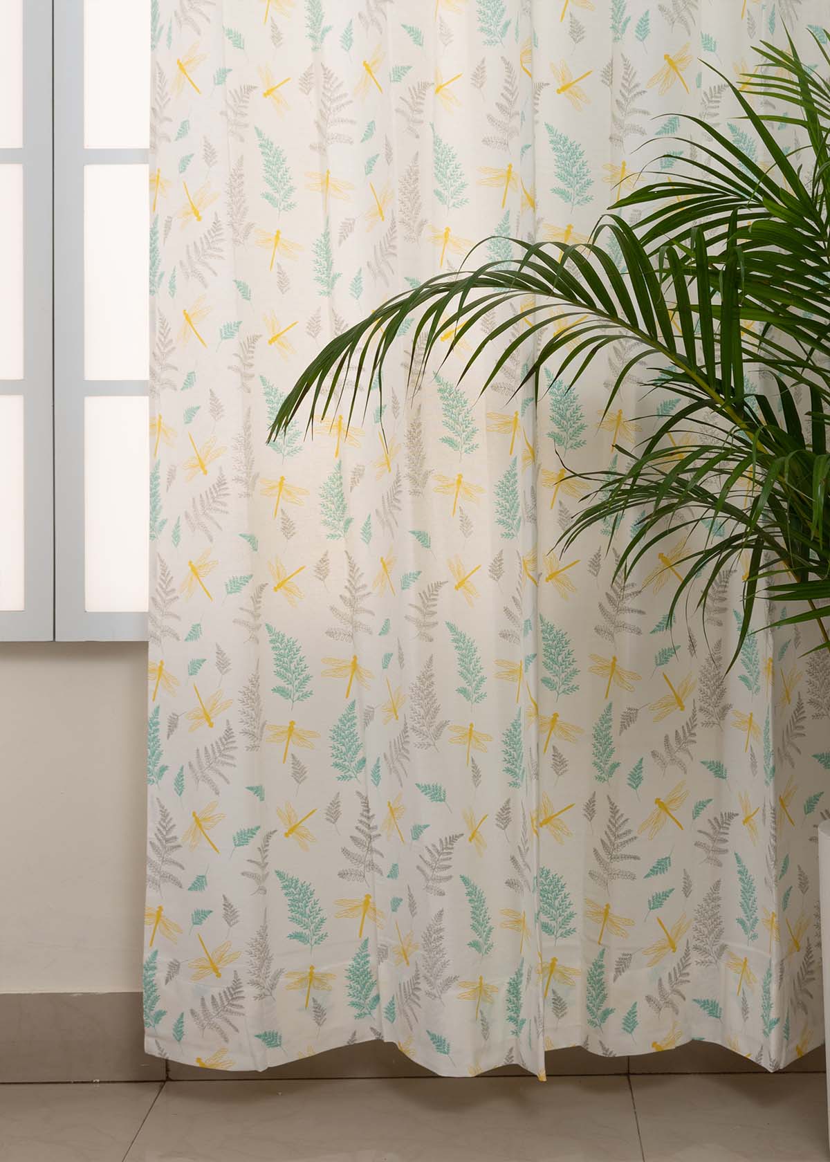 Winged Skies Printed Cotton Curtain - Yellow