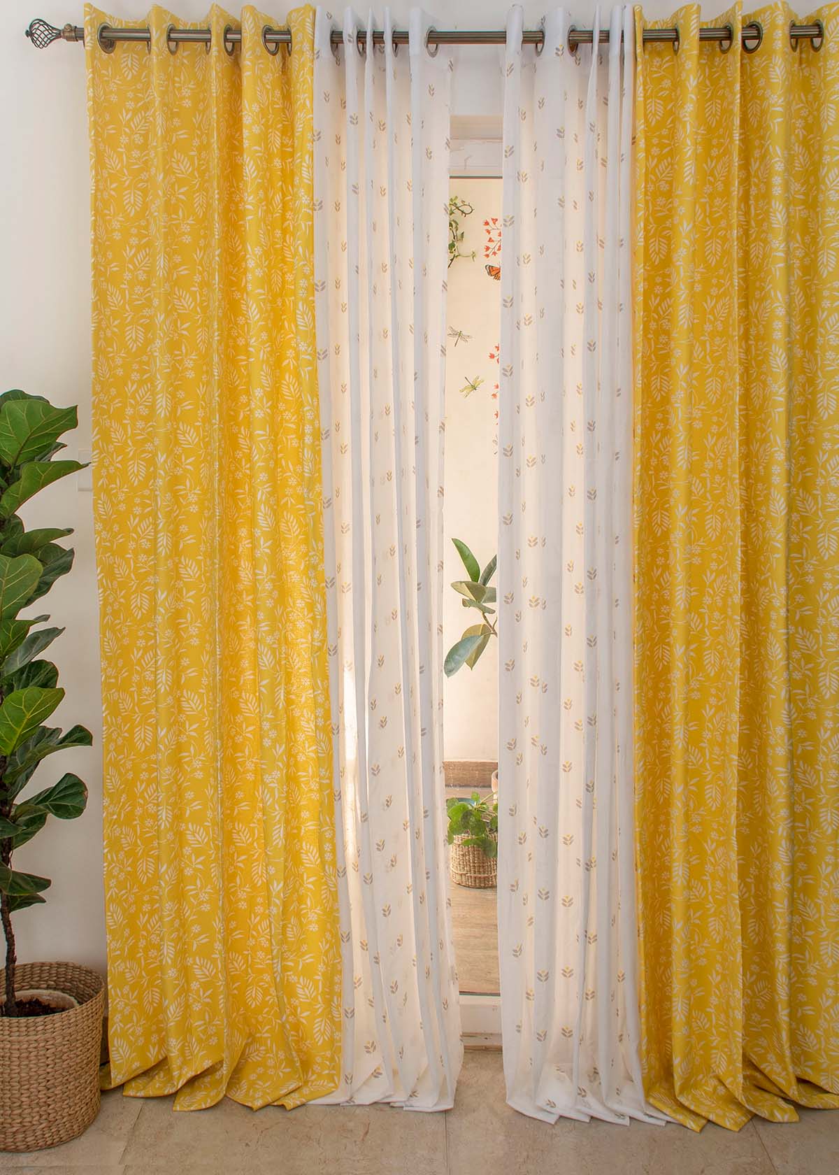 Yellow Daisy, Sapling Yellow Sheer Set Of 4 Combo Cotton Curtain - Yellow