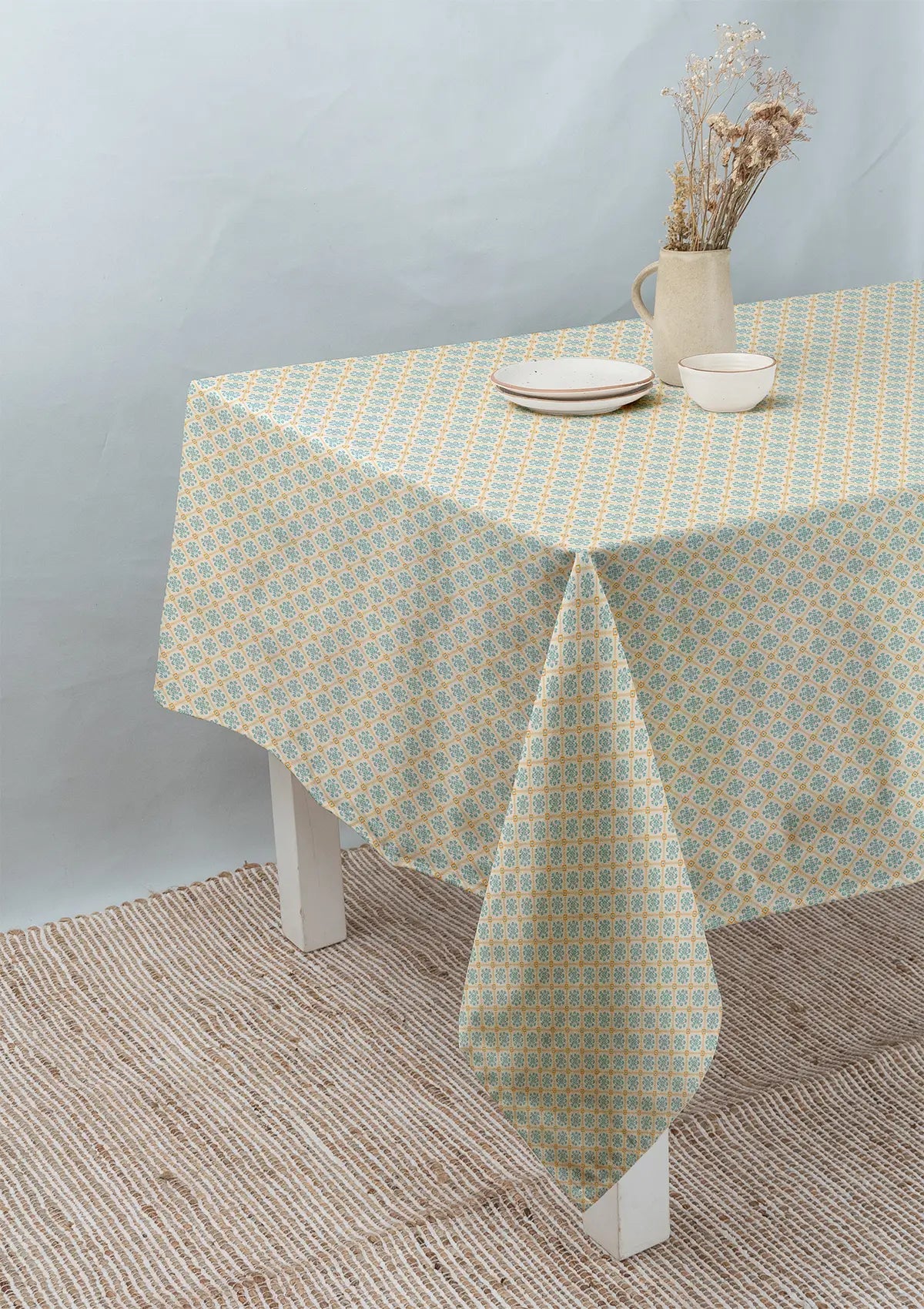 Yura 100% cotton geomtric table cloth for 4 seater or 6 seater dining - Aqua blue