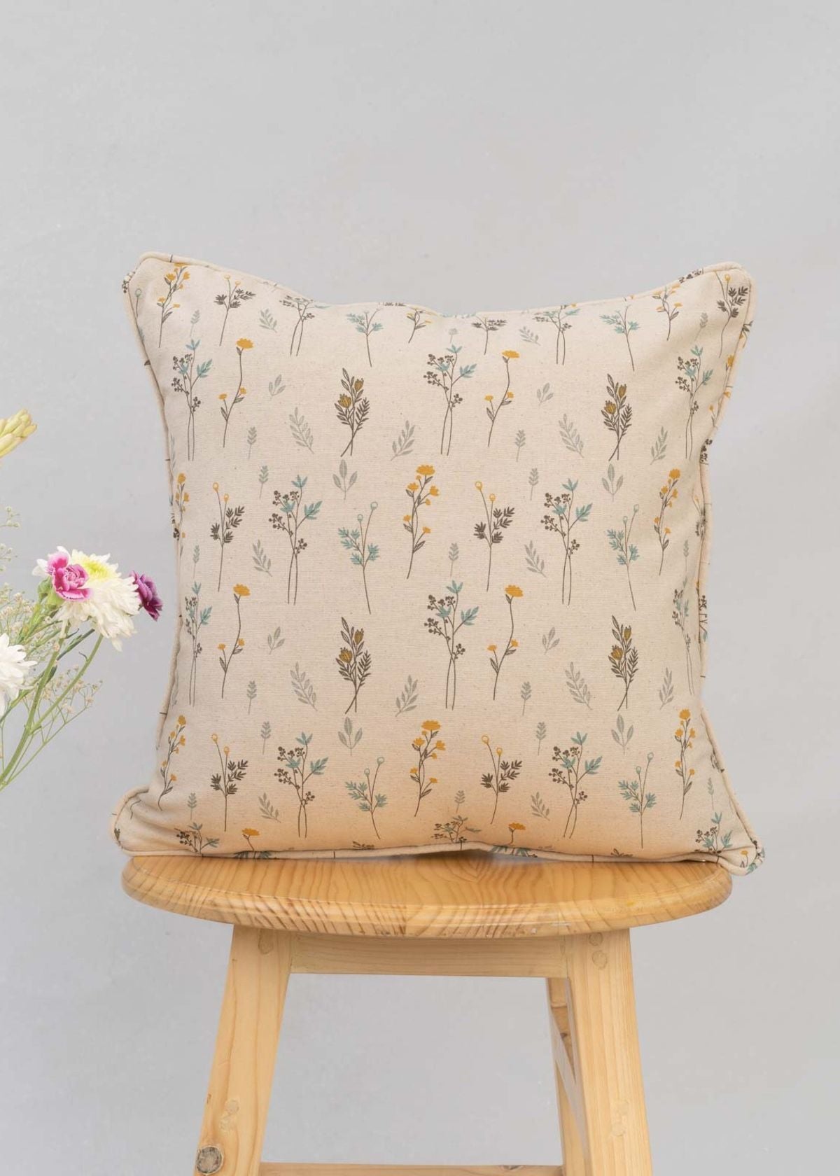 Blooming Meadows Printed Cotton Cushion Cover - Beige