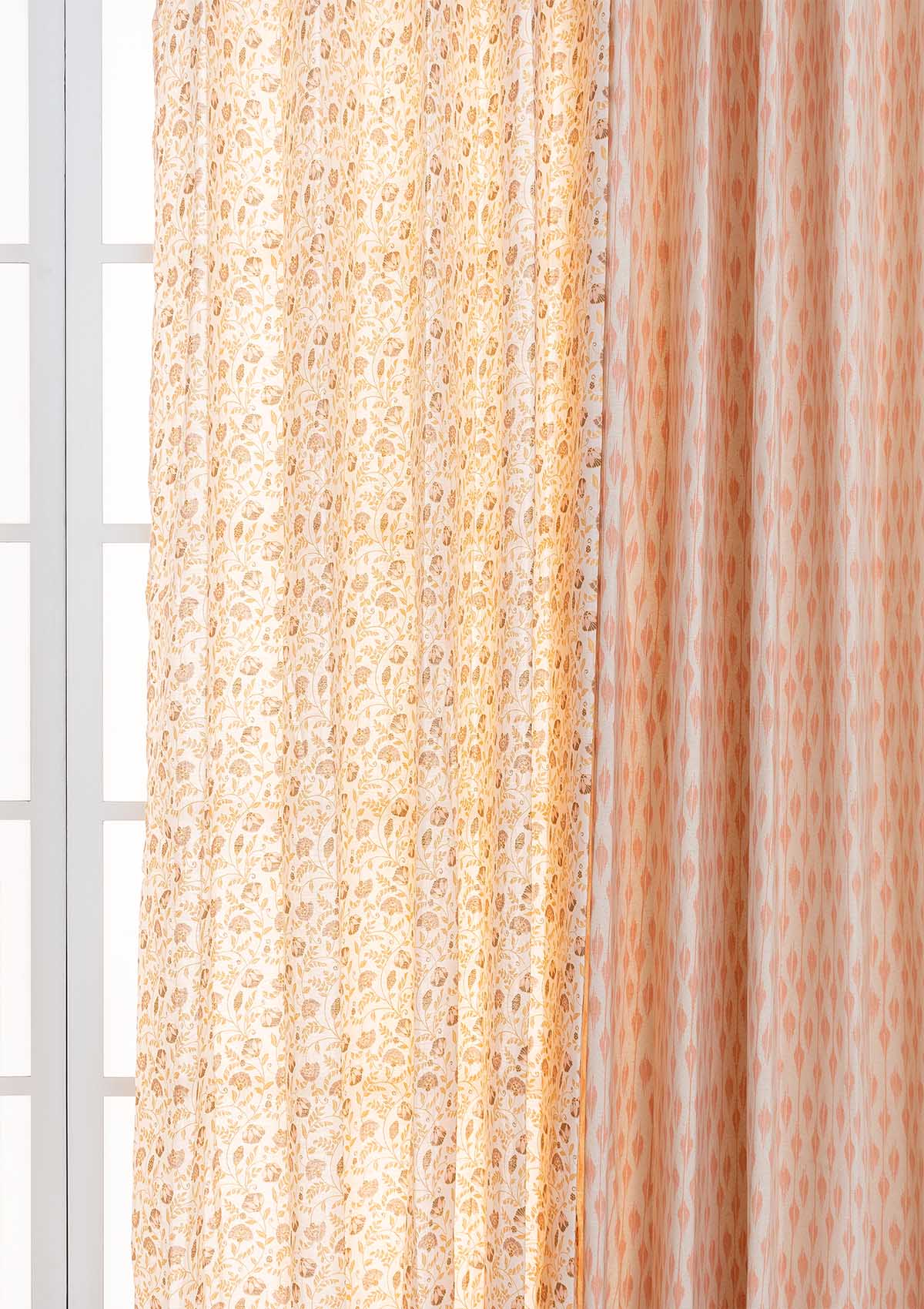 Chenab with Calico Sheer Set of 4 Combo Cotton Curtain  - Beige