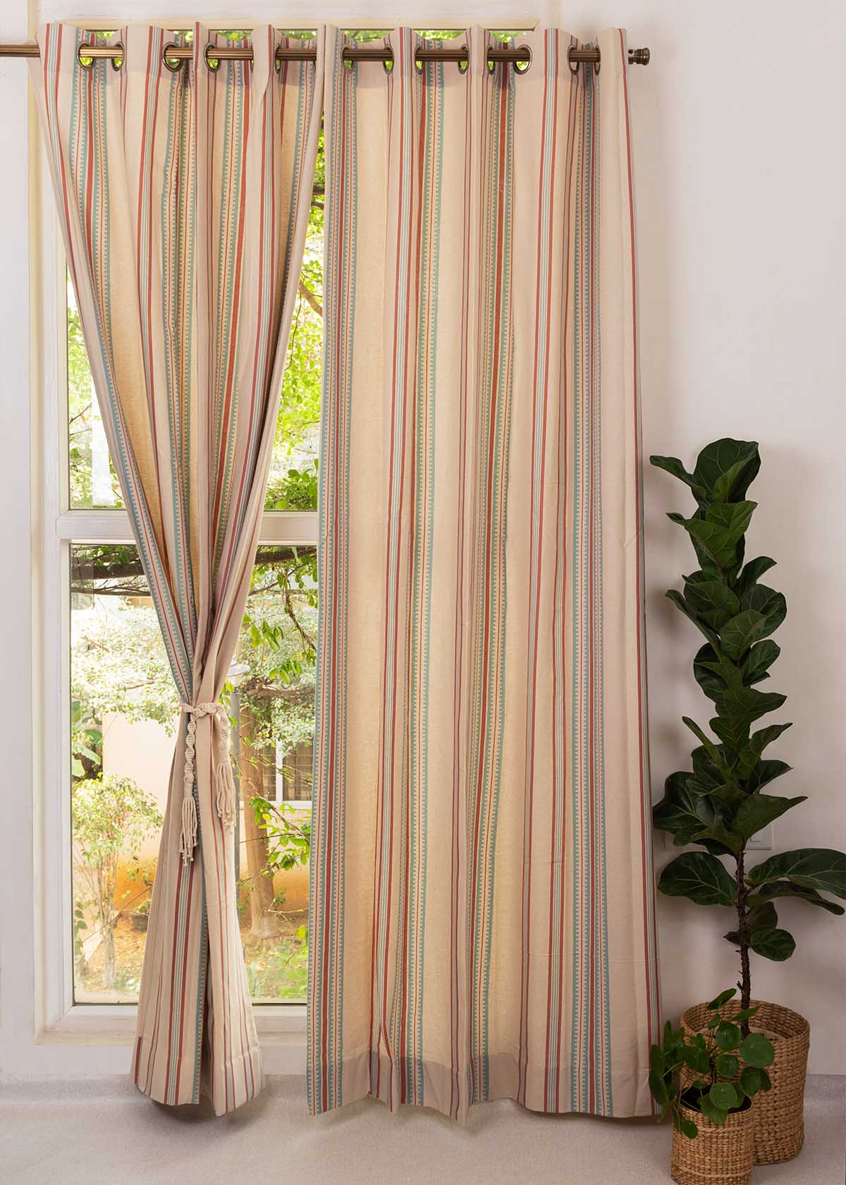Roman Stripes Printed Cotton Curtain - Multicolor - Single