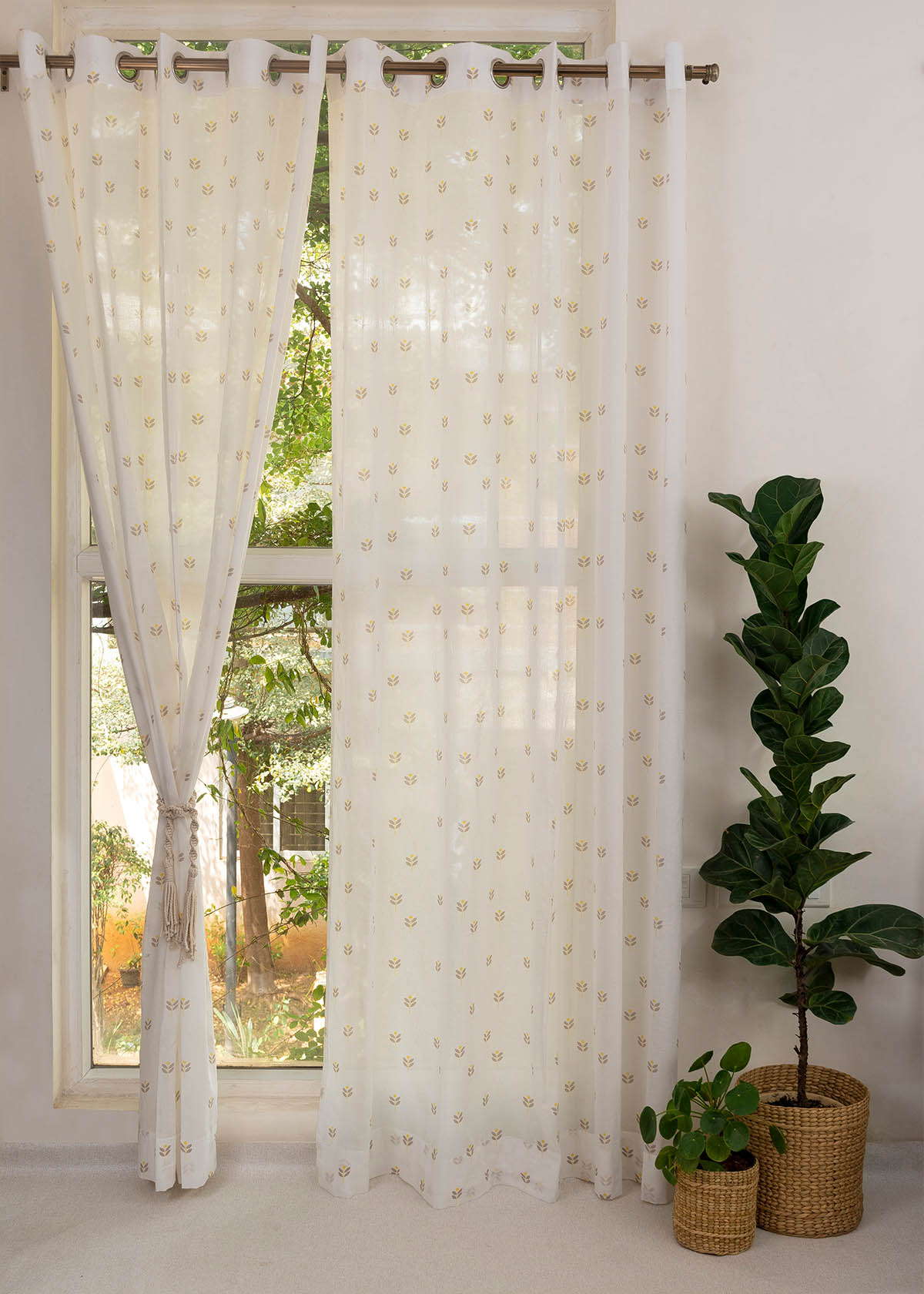 Sapling 100% Cotton Sheer floral curtain for Living room - Light filtering - Yellow - Pack of 1