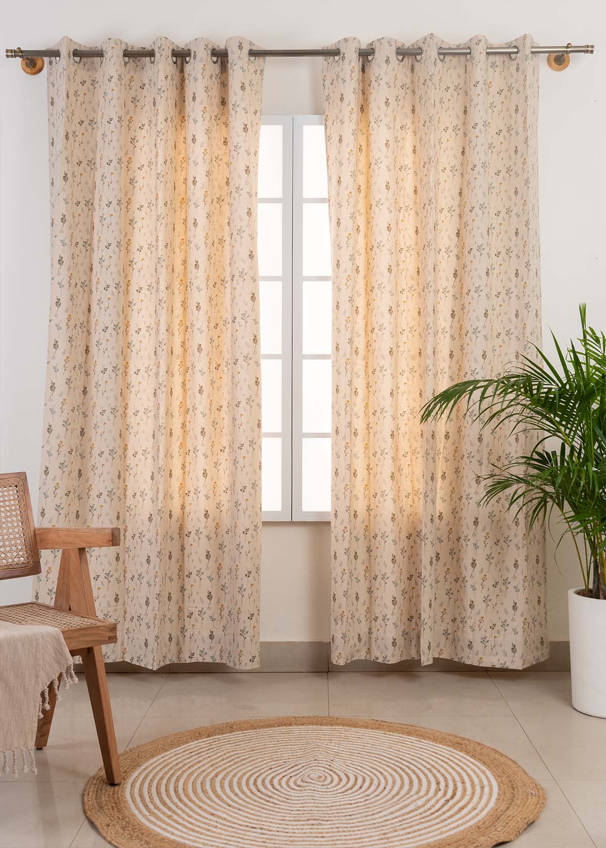 Blooming Meadow, Light Grey Sheer Set of 4 Combo Cotton Curtain - Multicolor