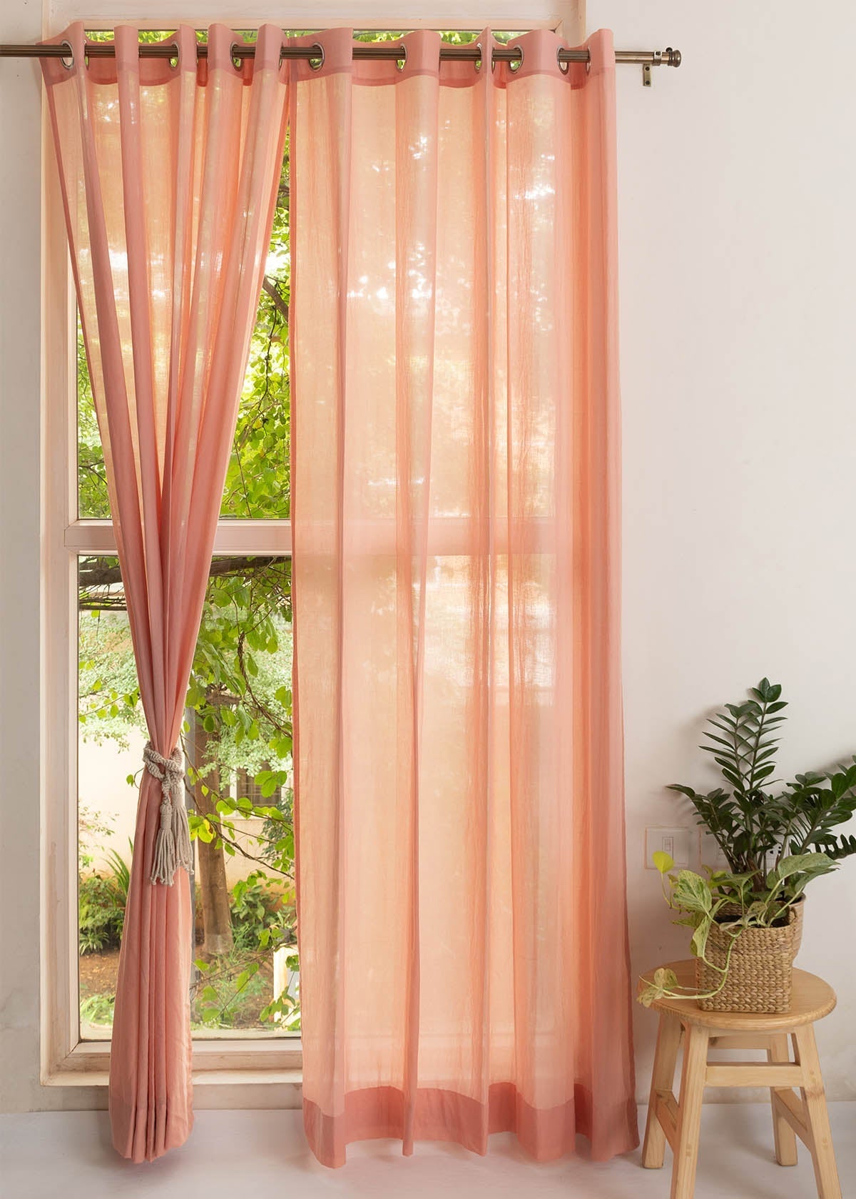 Solid Clay sheer 100% cotton plain curtain for Living room & bedroom - Light filtering - Rust - Pack of 1