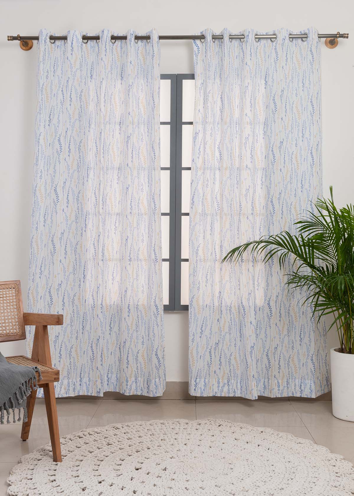 Grass fileds  100% cotton sheer floral curtain for living room -  Light filtering - Blue - Pack of 1
