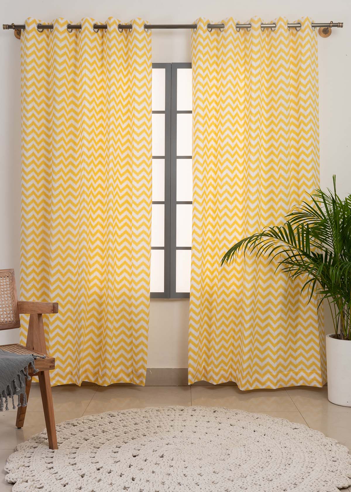 Ikat Chevron Printed Cotton Curtain - Yellow- Single