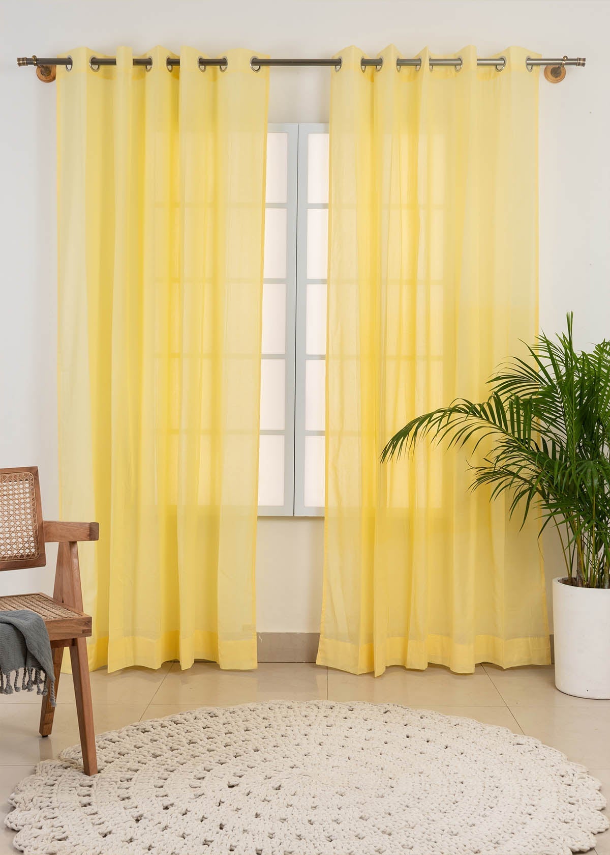 Solid Pale Yellow sheer 100% cotton plain curtain for Living room & bedroom - Light filtering - Pack of 1