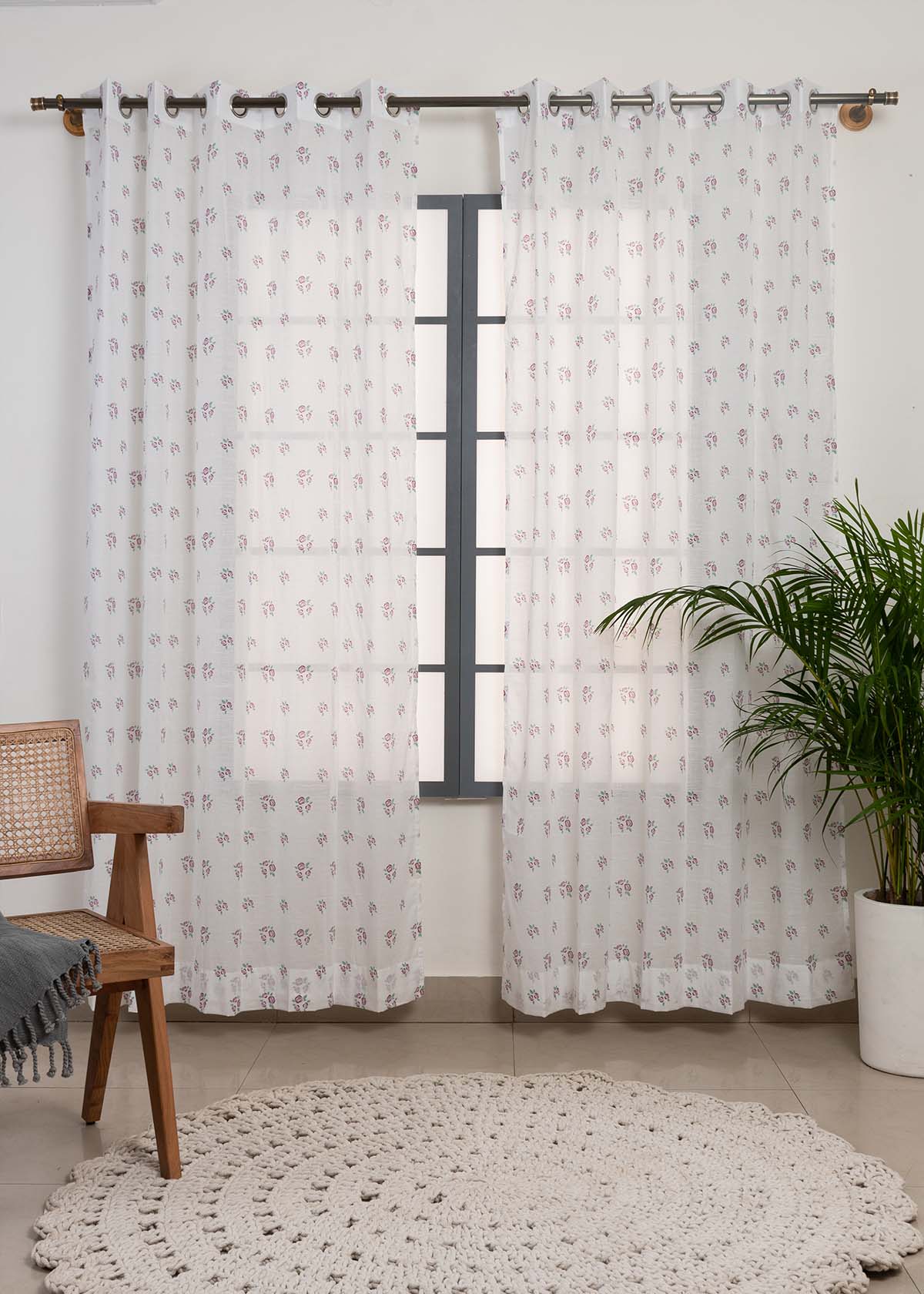 Rose Garden 100% Cotton Sheer floral curtain for Living room - Light filtering - Lavender - Pack of 1