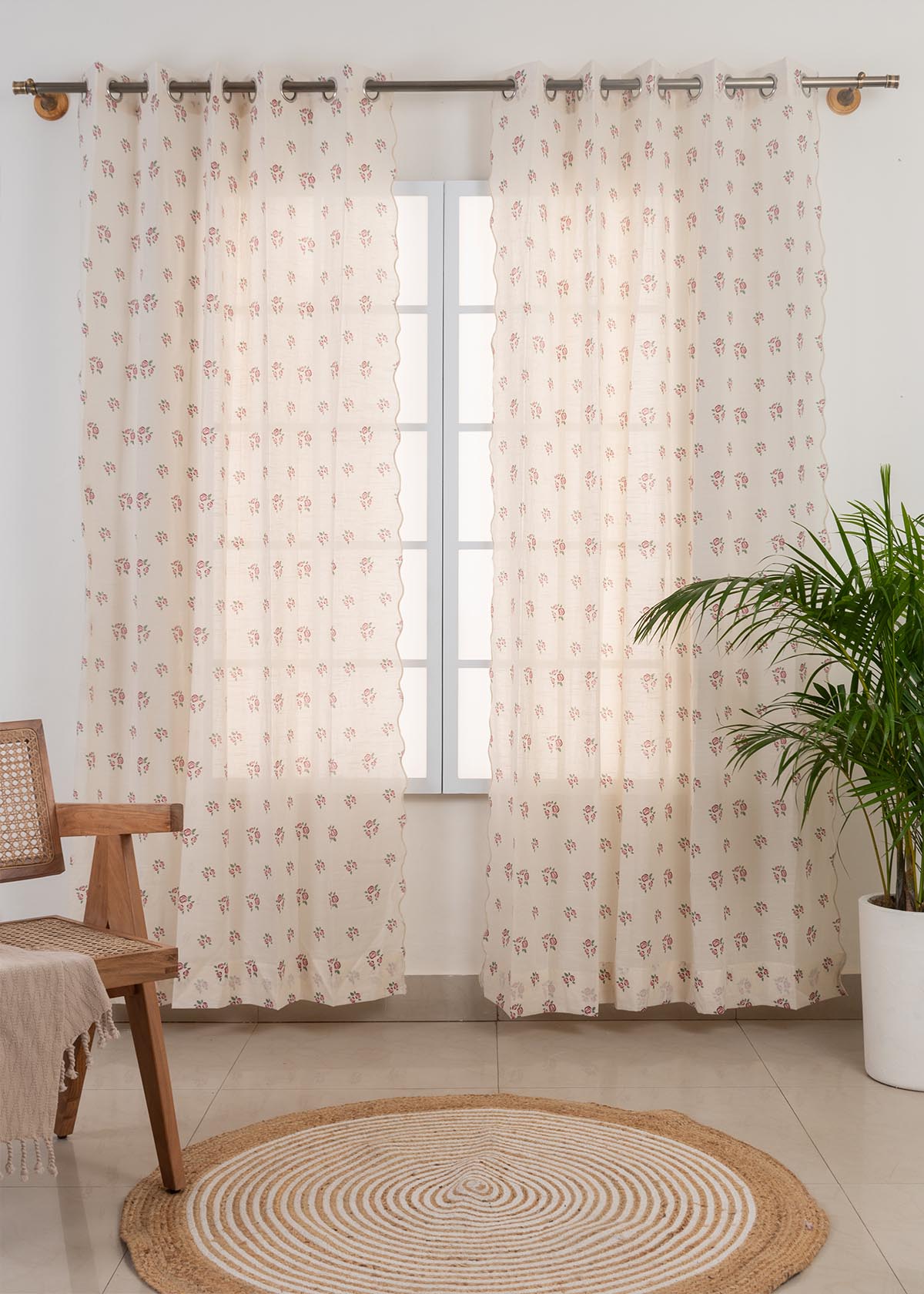 Rose Garden With Scallop Edge Printed Sheer Curtain - Wine Red - Single