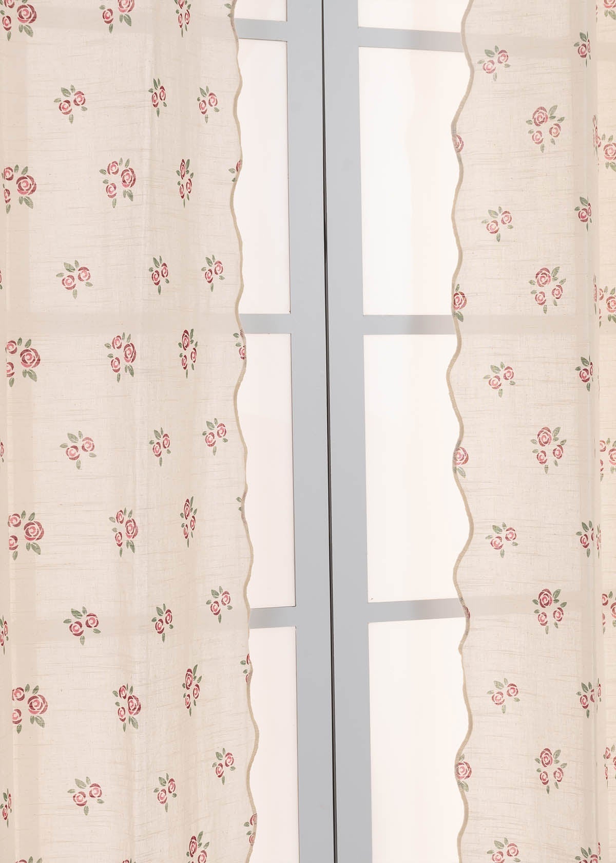 Rose Garden With Scallop Edge Printed Sheer Curtain - Wine Red - Single