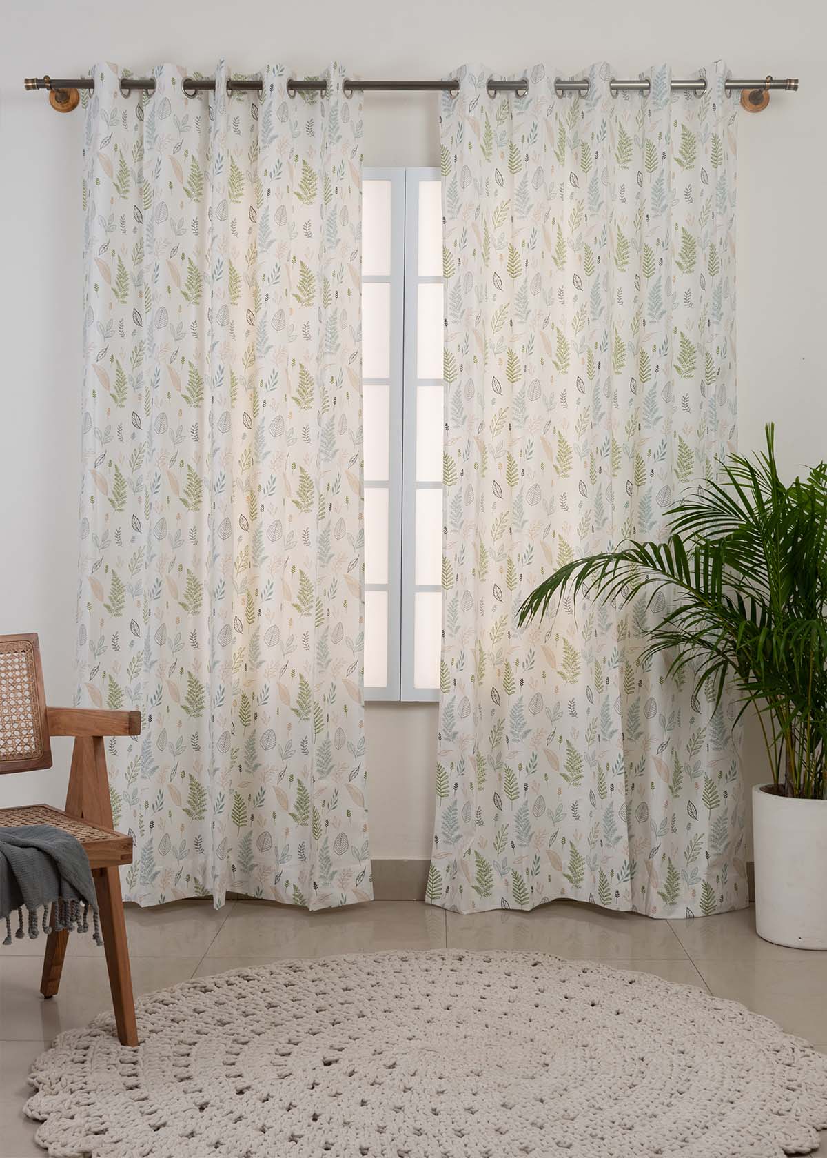 Rustling Leaves Printed Cotton Curtain - Green - Single