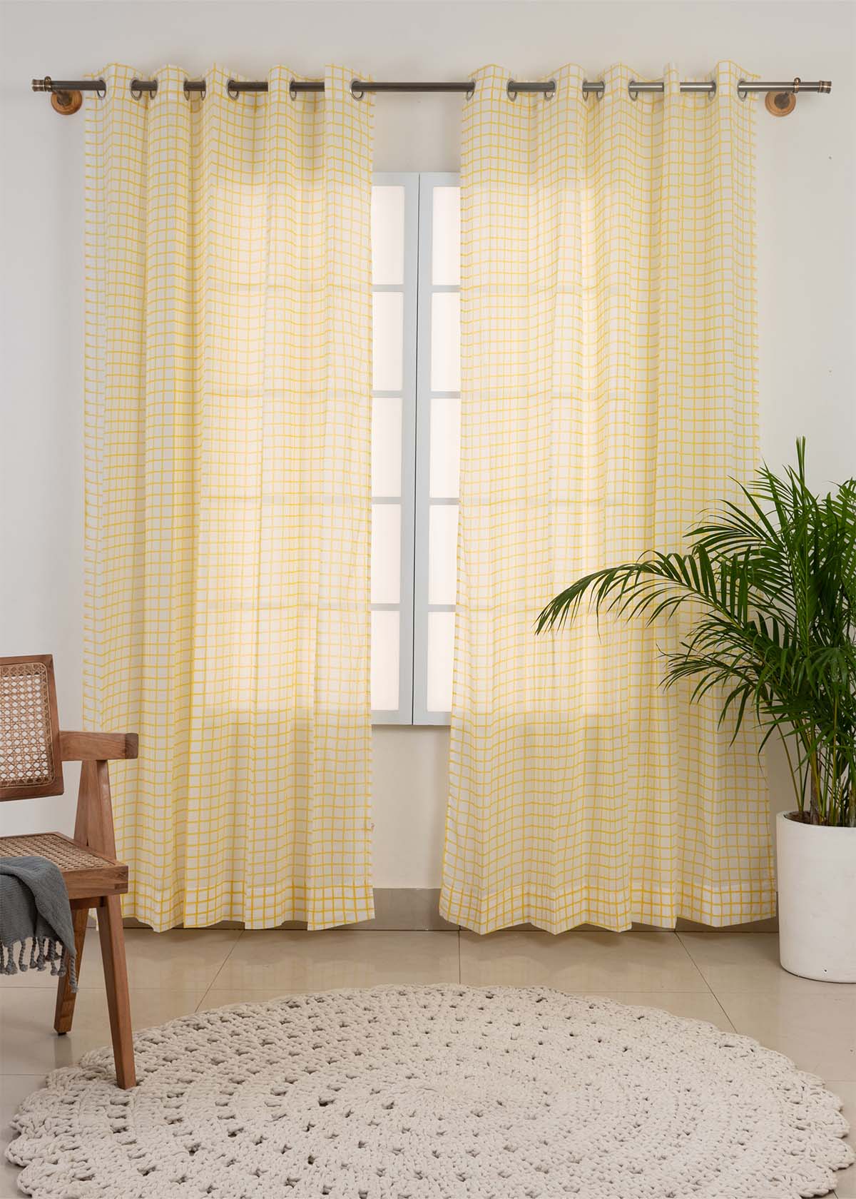 Uneven Checks Printed Sheer Curtain - Yellow - Single