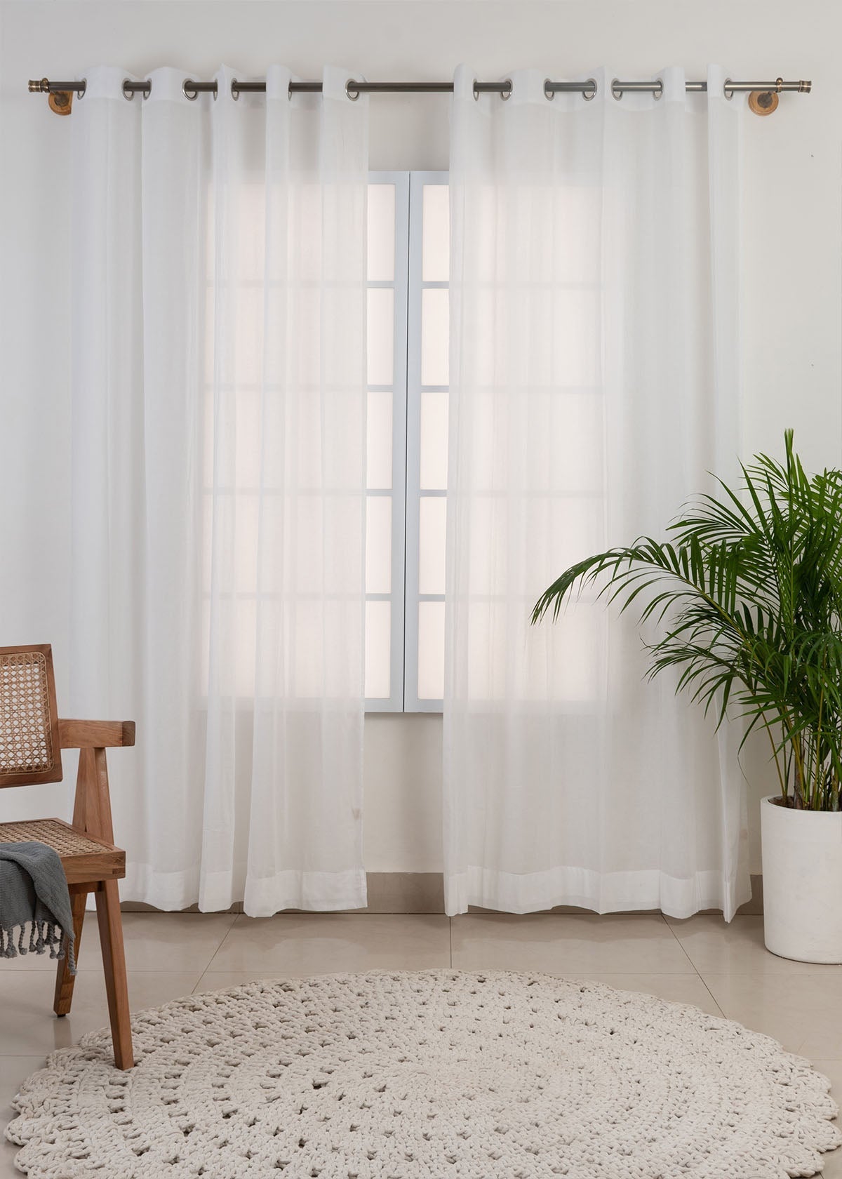 Solid white sheer 100% cotton plain curtain for Living room & bedroom - Light filtering - Pack of 1